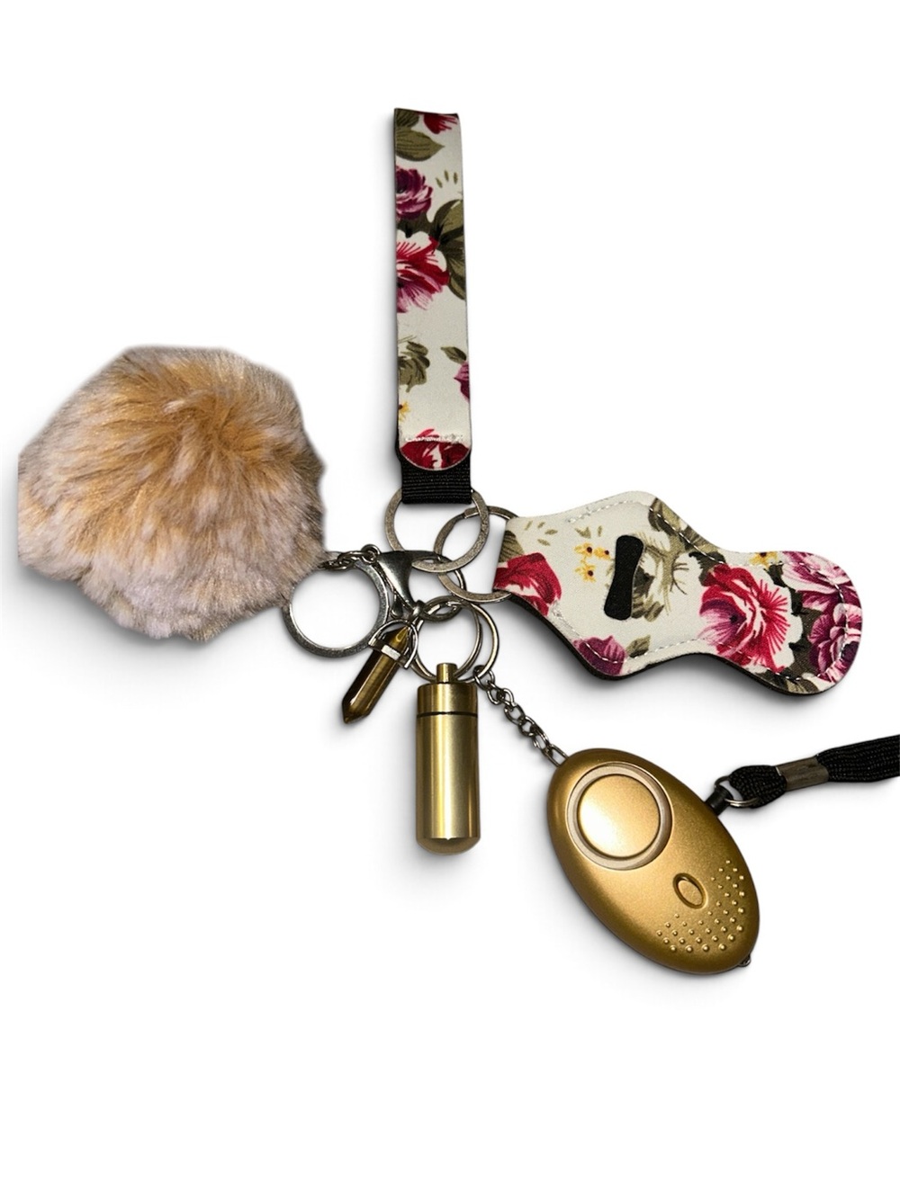 Floral Print Lip Balm Holder Keychain with Gold Personal Alarm and Faux Fur Pom